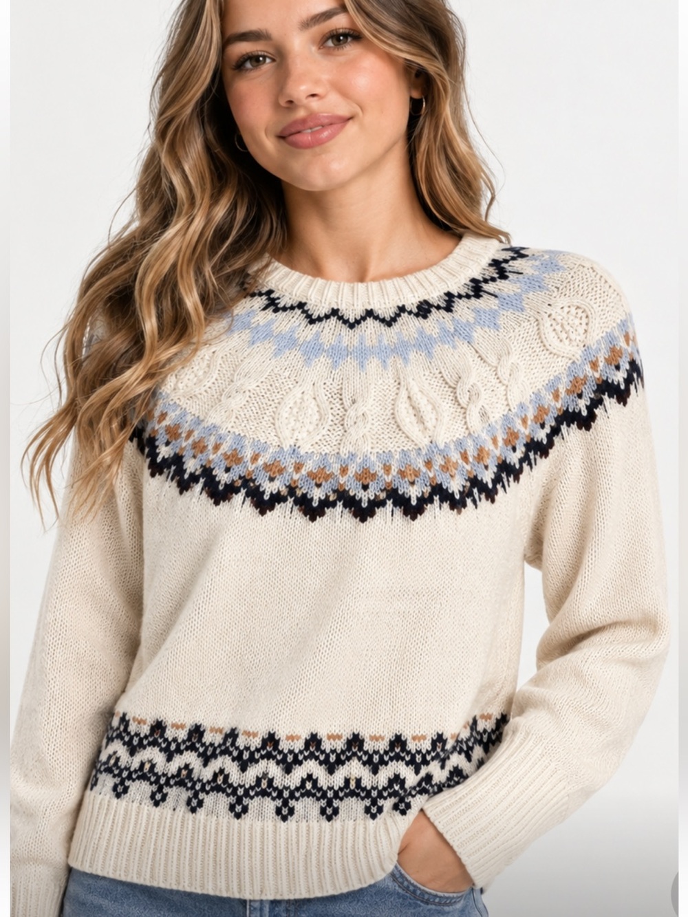 Evereve BB Dakota Retrograde Fair Isle Cable Knit Sweater Ivory M